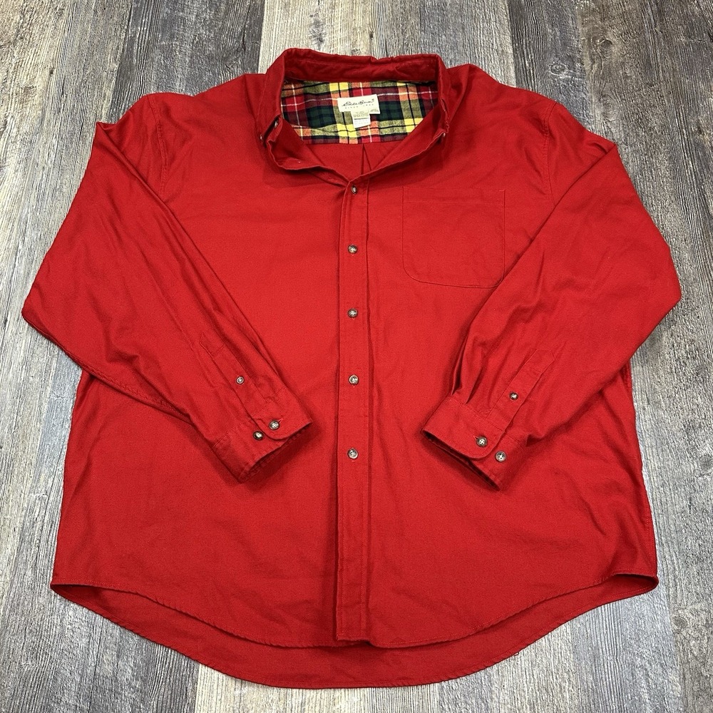 Vintage‎ Eddie Bauer Flannel Red Mid-Weight Cotton Button Down Shirt Men's XL